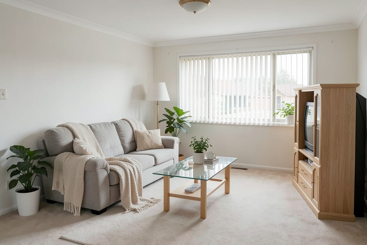 A living room redesigned in Scandinavian style with a pale linen sofa, light wood furniture and soft white textiles