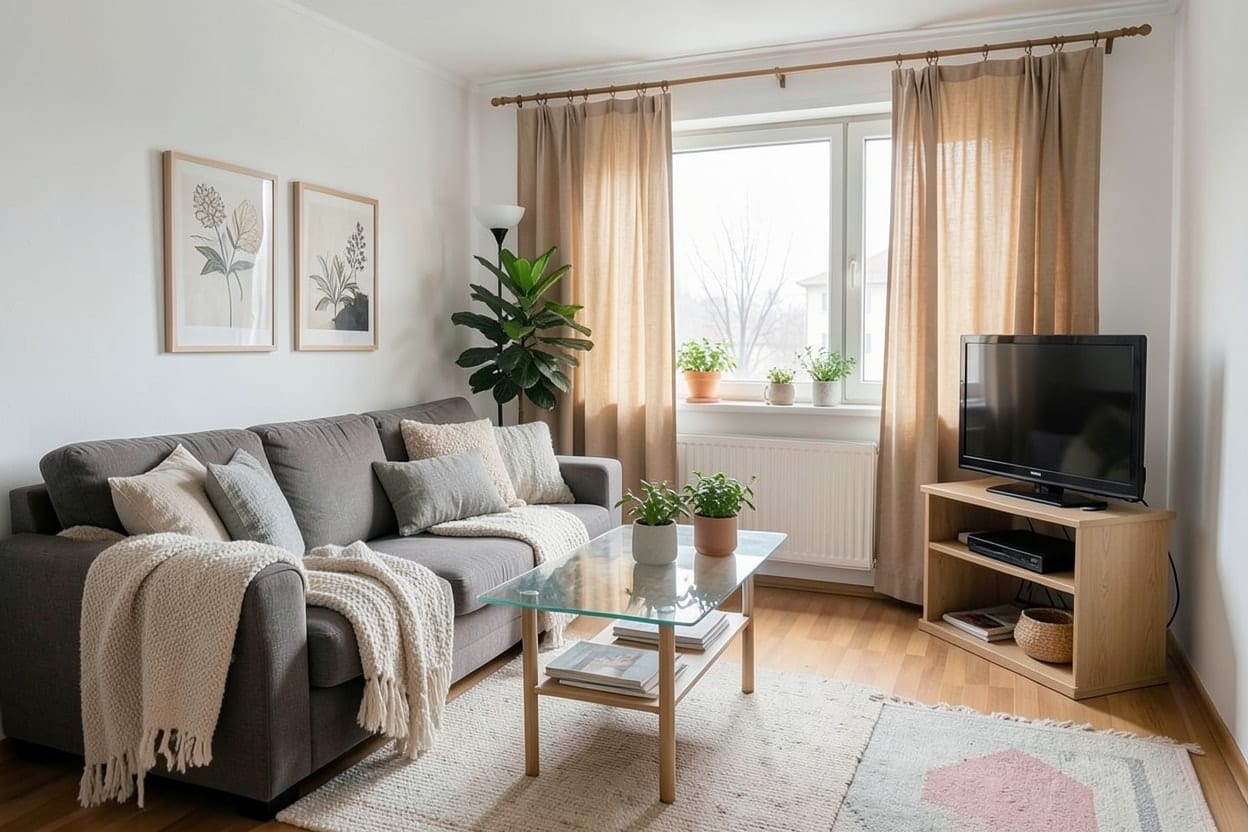 The same living room in a Scandinavian style with pale textiles, light wood and airy curtains