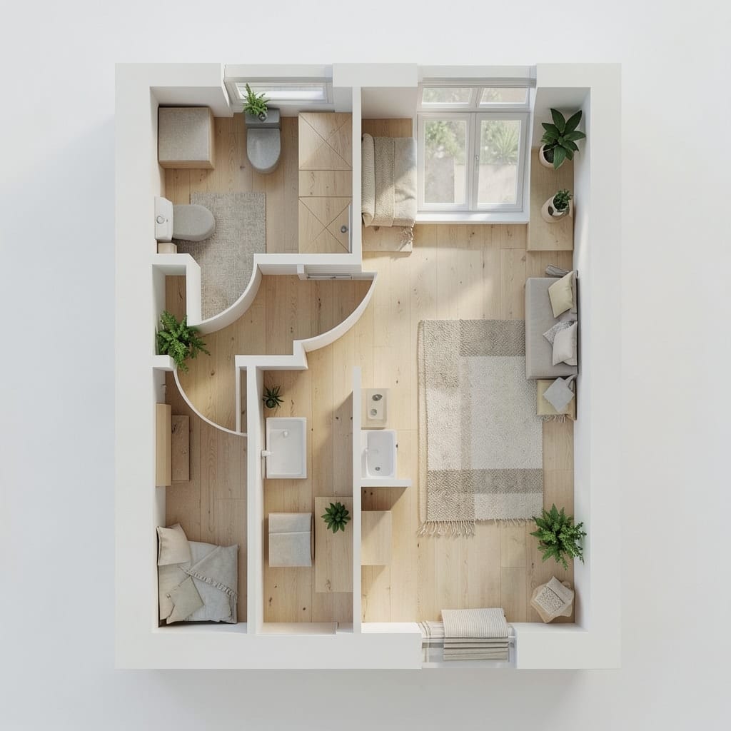 A small city studio plan, turned into a furnished home in the Scandinavian style.