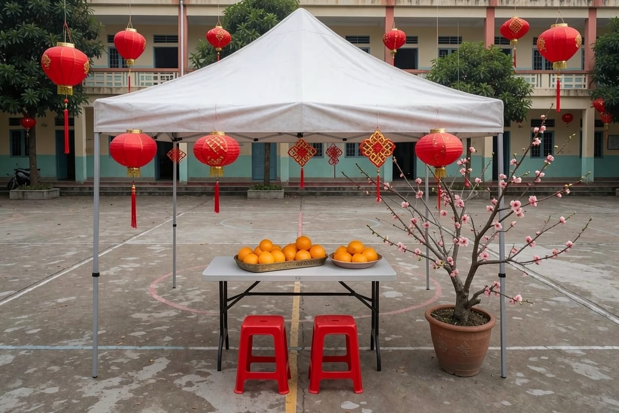 Chiếc lều hội chợ sau khi trang trí Tết với đèn lồng đỏ, nút thắt, chậu quất, cành hoa và quýt trên bàn gấp