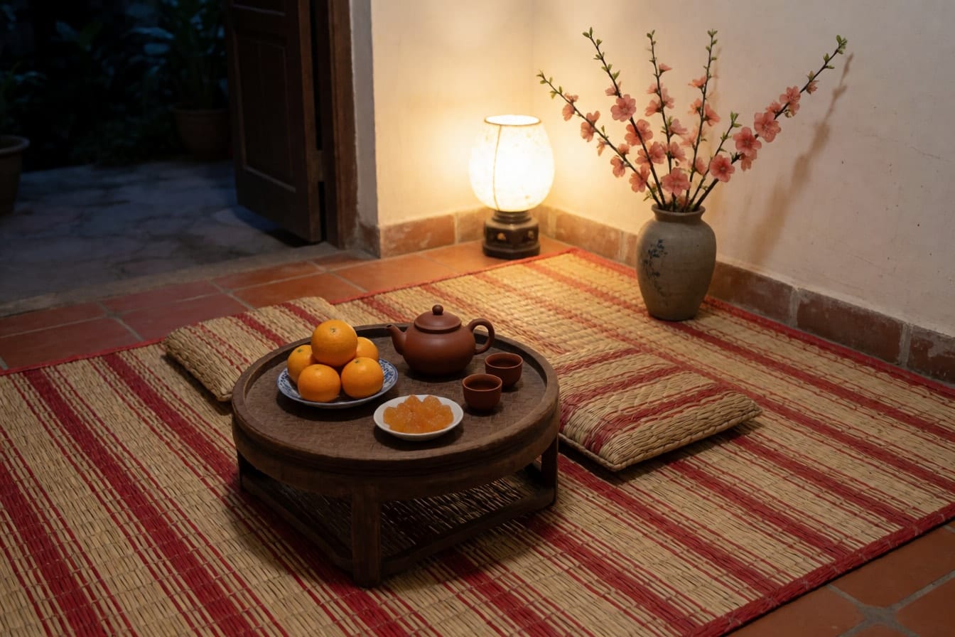 Chiếu cói kẻ sọc đỏ trải trên sàn gạch, mâm gỗ tròn thấp có ấm trà đất, chén nhỏ, đĩa cam và mứt, gối tựa và bình đào dựa tường