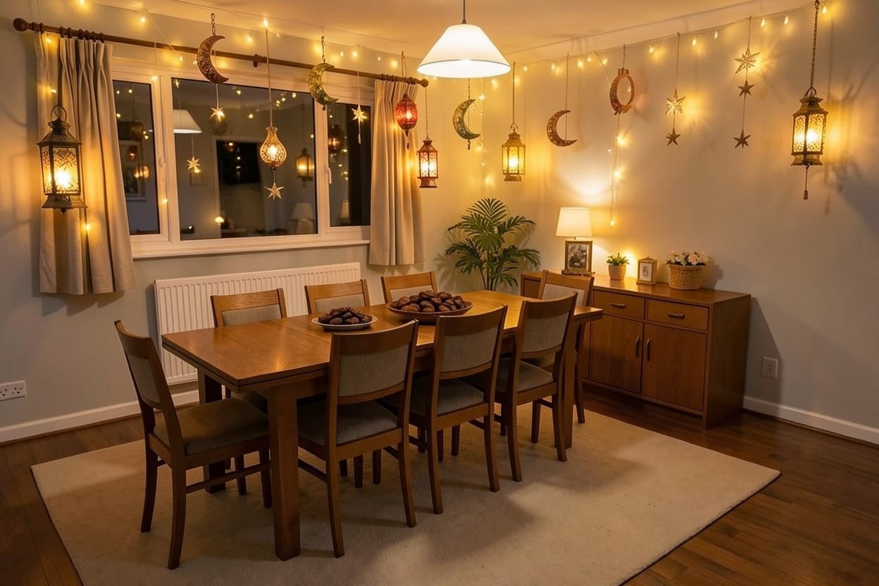 The dining room of a semi-detached house in Birmingham, with a long table for iftar, photographed in the evening and decorated for Ramadan and Eid.