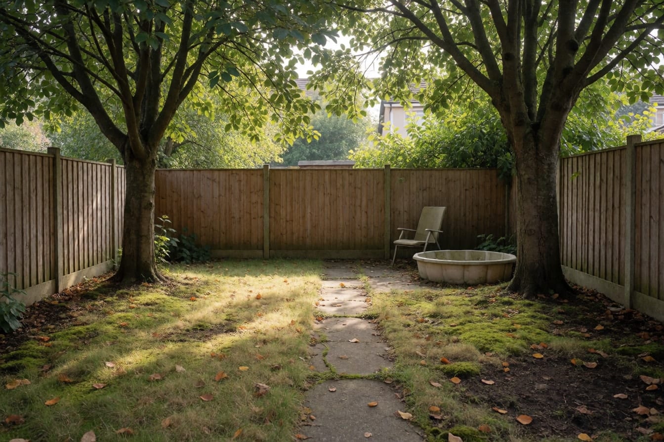Schaduwrijke achtertuin onder twee grote bomen met dun bemost gras, afgevallen blad, een gebarsten betonpad, een verbleekte zandbak en een oude tuinstoel