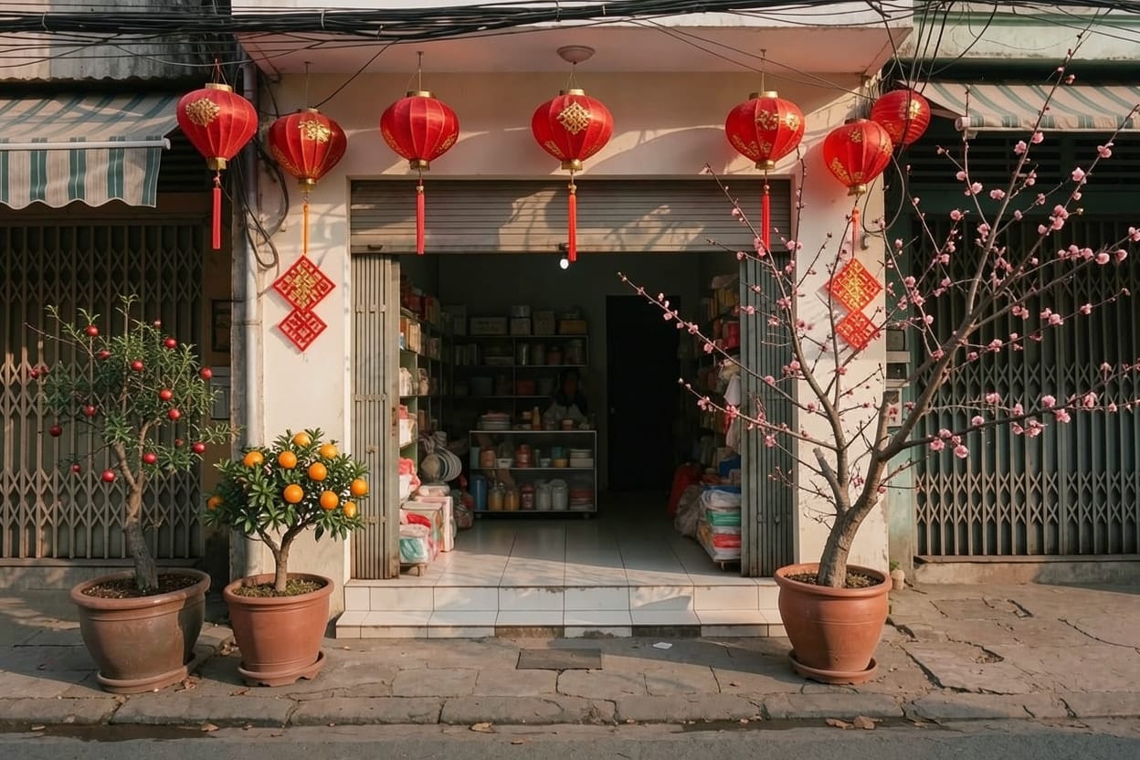 Mặt tiền cửa hàng trang trí Tết với đèn lồng đỏ trên lối vào và chậu quất hai bên cửa