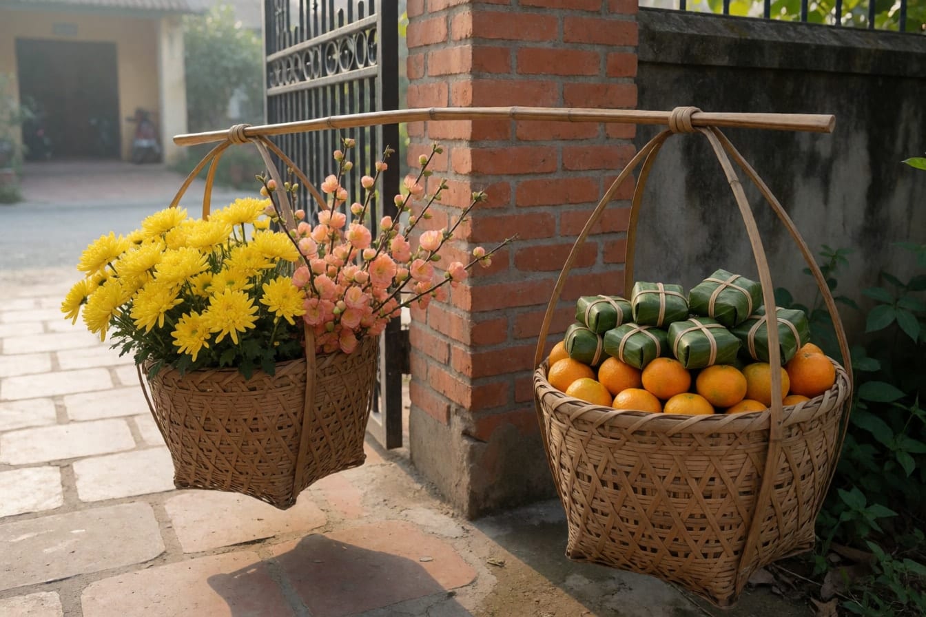 Đôi quang gánh tre cạnh trụ cổng gạch, một thúng cúc vàng và cành đào, thúng kia quýt và bánh chưng gói lá dong