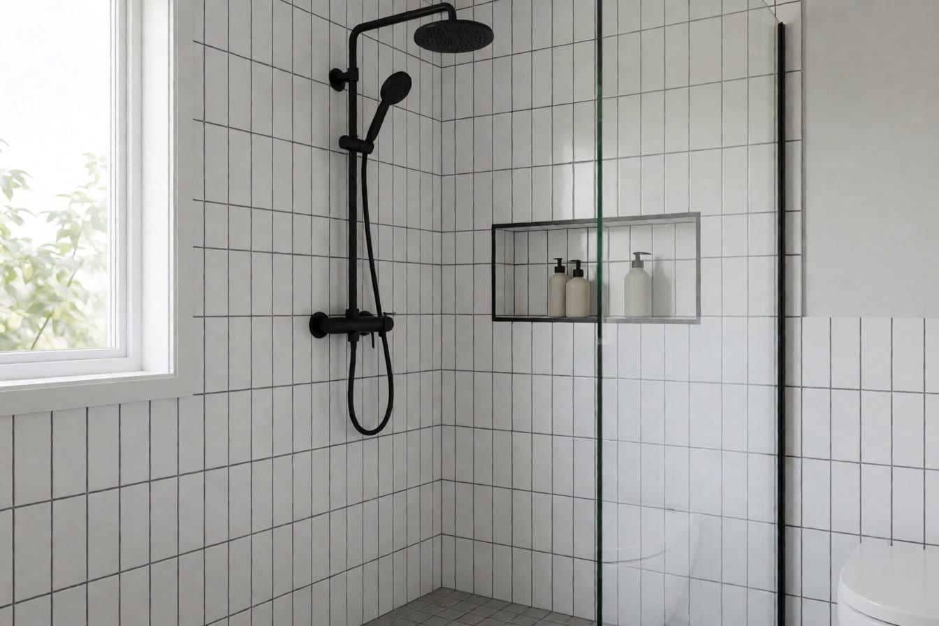 Ducha con azulejo metro blanco colocado en vertical con junta oscura, grifería negra mate y hornacina