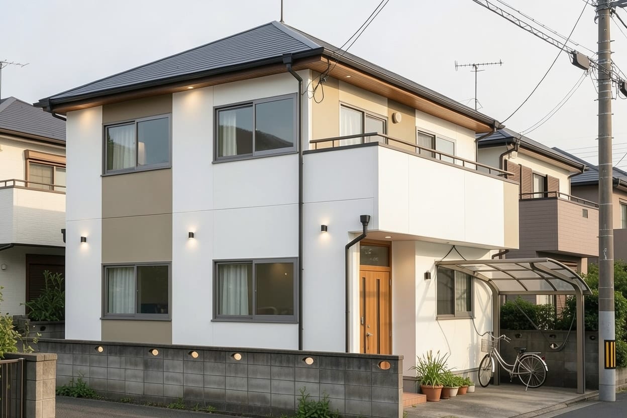 温かみのある白い外壁と濃い色のサッシでモダンに描き直した2階建て住宅