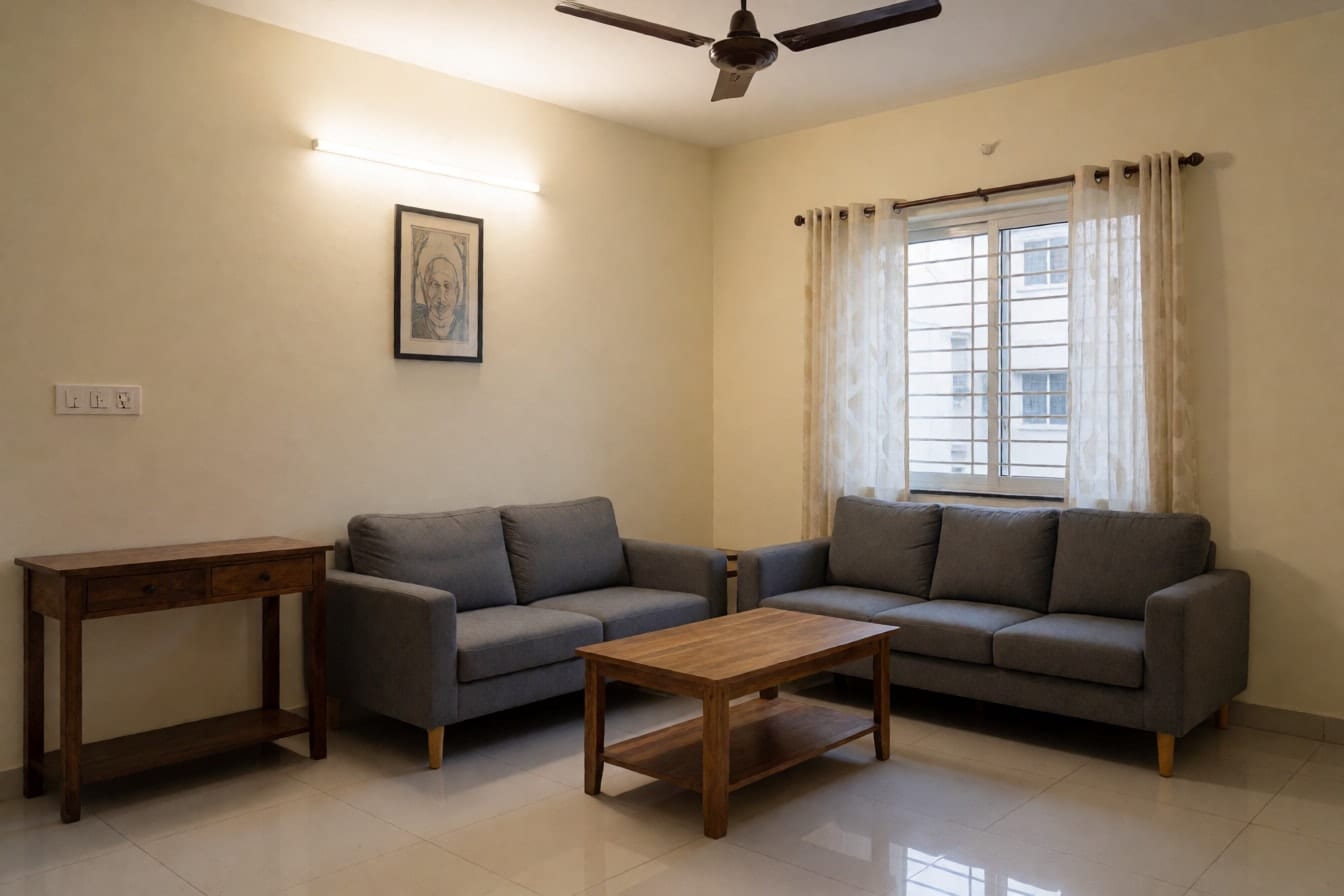 शाम की रोशनी में साफ़ हॉल: स्लेटी सोफ़ा, लकड़ी की सेंटर टेबल, क्रीम दीवार पर फ़्रेम और हल्के पर्दे