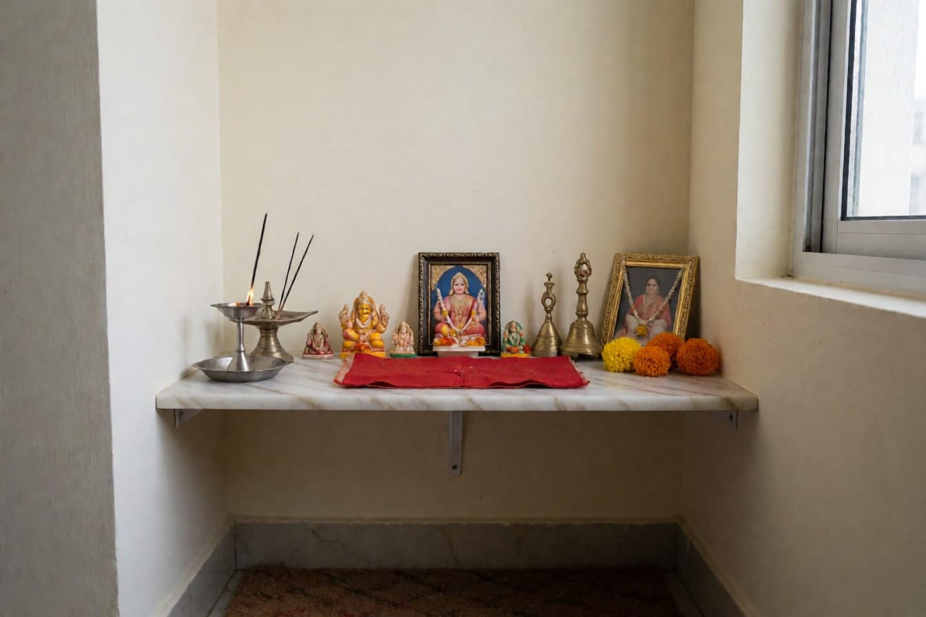 दीवार पर लगी सफ़ेद शेल्फ़ पर मूर्तियाँ, तस्वीरें, पीतल की घंटी, दीया और गेंदे के फूल