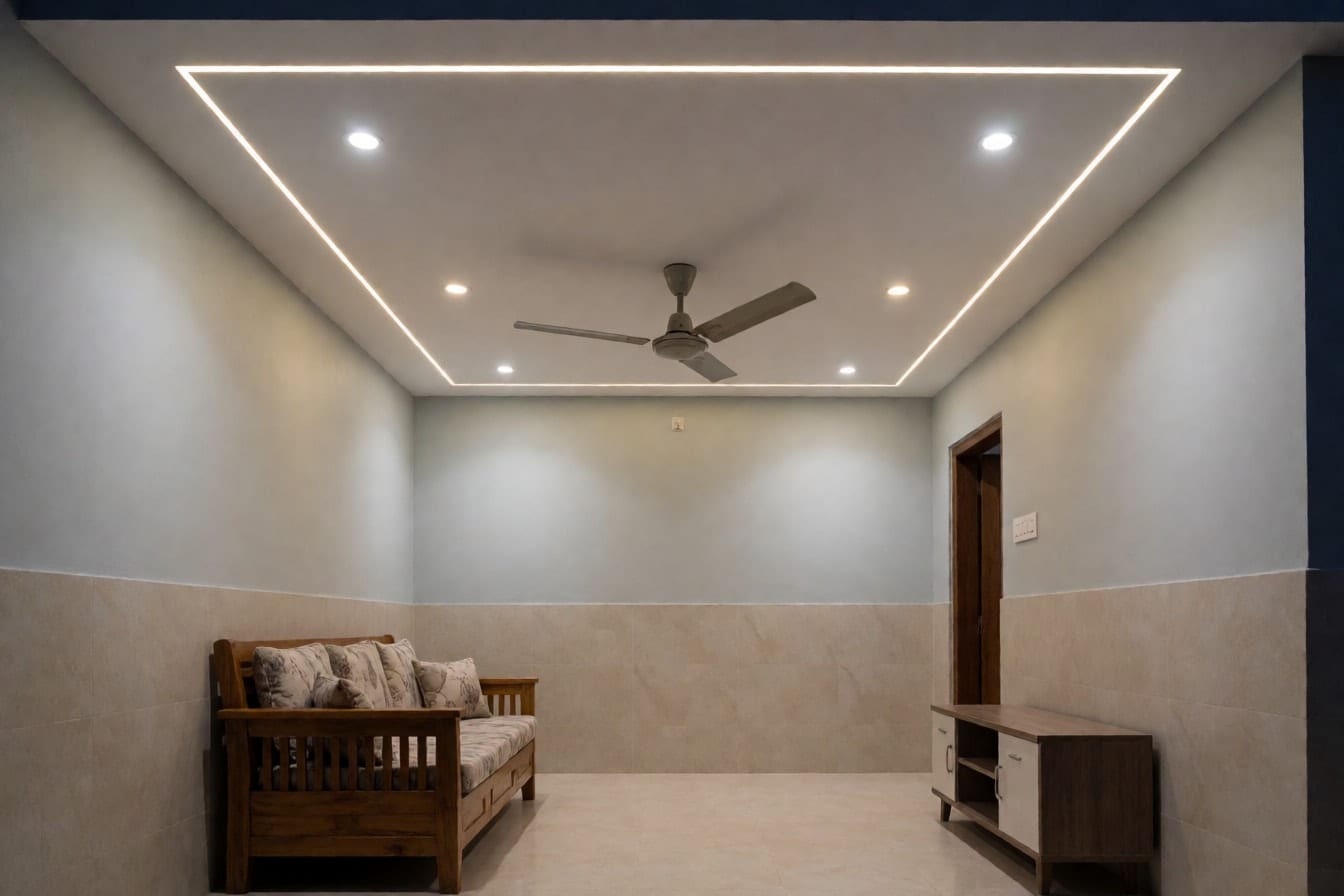 छोटे हॉल की छत पर पतला सफ़ेद POP बॉर्डर, एक गर्म कोव लाइन, चार डाउनलाइट और सपाट बीच में पंखा