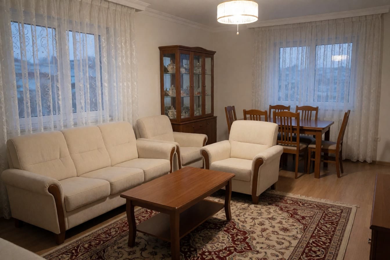 Krem kanepe, koltuklar, yemek masası ve porselenlerle dolu vitrinli düzenli bir salon