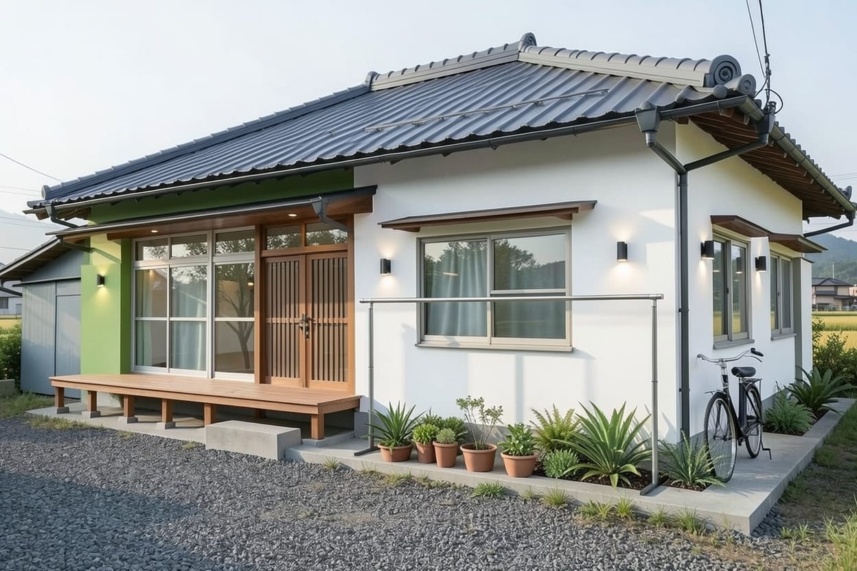 同じ平屋をセージグリーンとクリームの外壁にした外観