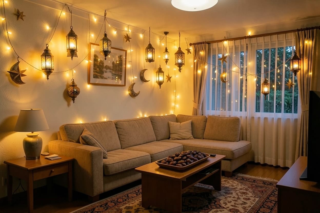 غرفة الجلوس نفسها مزينة لرمضان بفوانيس وأهلّة مضيئة وأضواء زينة دافئة وطاولة مجهّزة