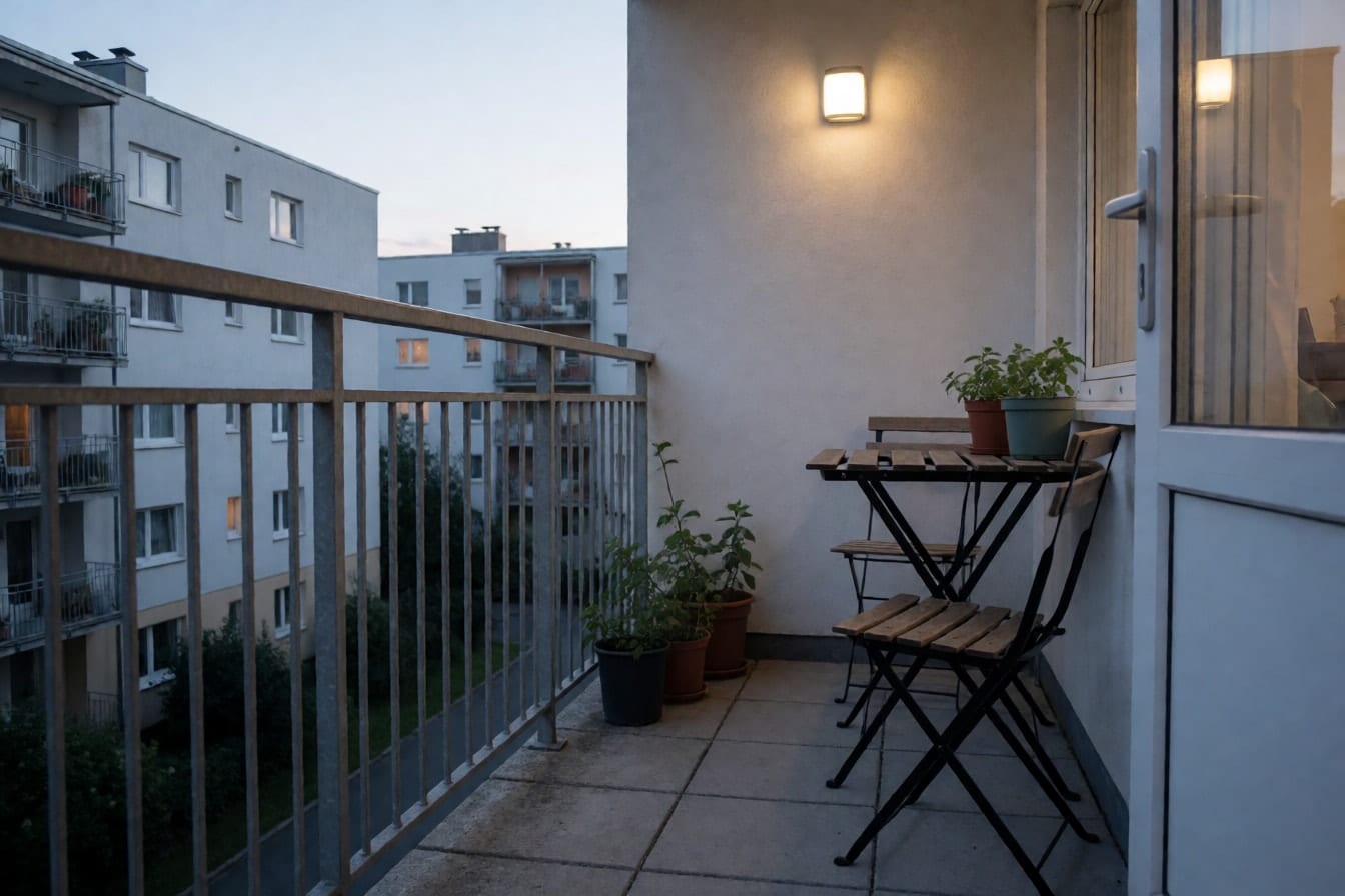 Μικρό μπαλκόνι πολυκατοικίας το σούρουπο, με μεταλλικά κάγκελα, πτυσσόμενο τραπέζι, δύο καρέκλες και φυτά σε πλαστικές γλάστρες
