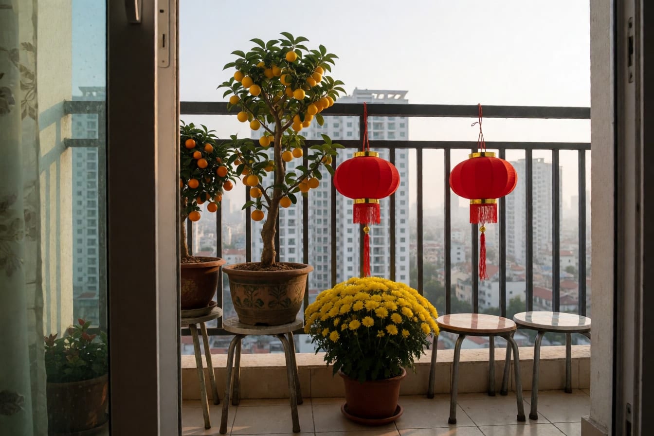 Ban công nhỏ của căn hộ chung cư có chậu mai vàng, chậu quất, hai đèn lồng đỏ buộc trên lan can, chậu cúc vàng và hai ghế đẩu