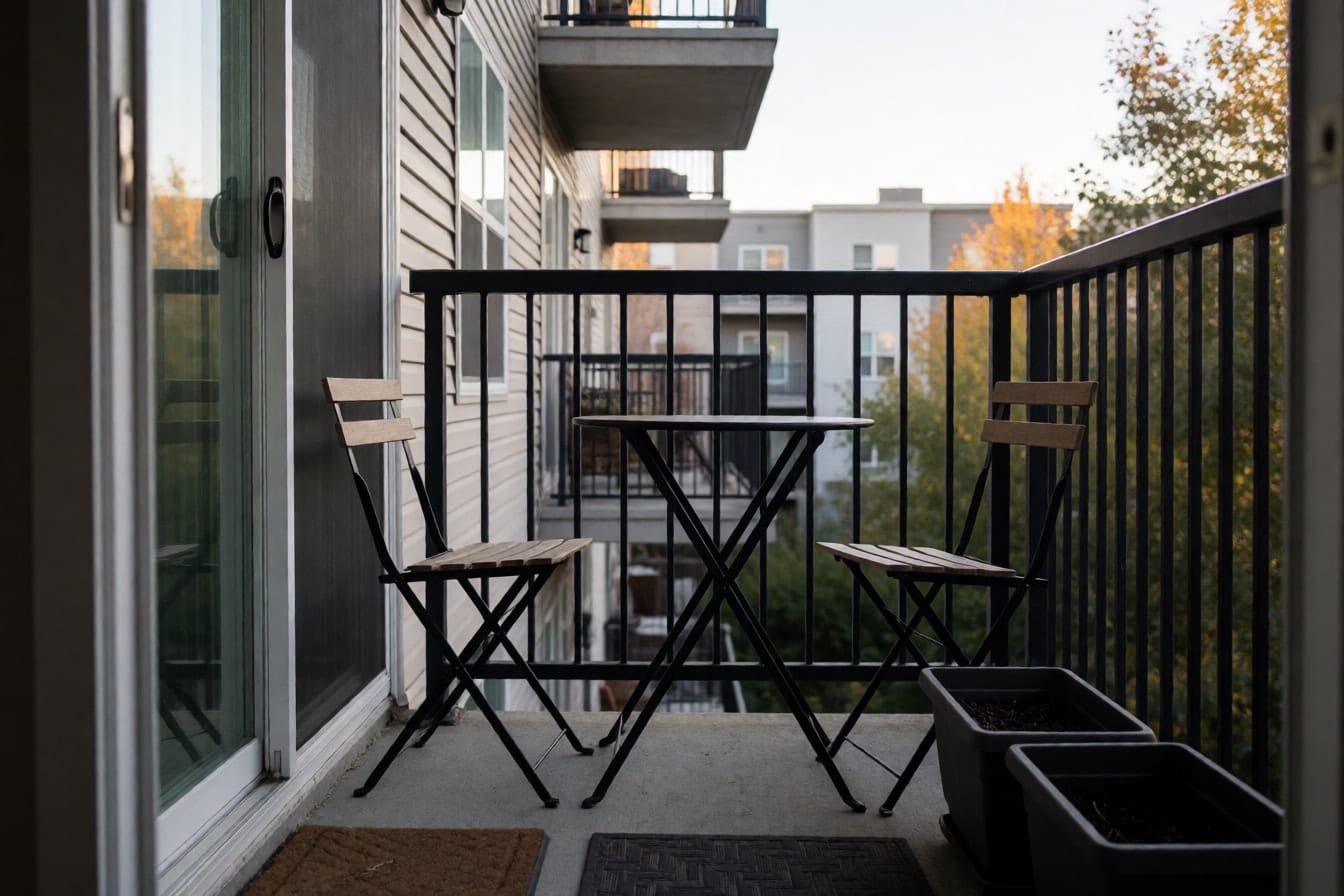 A small apartment balcony with a black metal railing, two folding chairs, a round table and empty planters