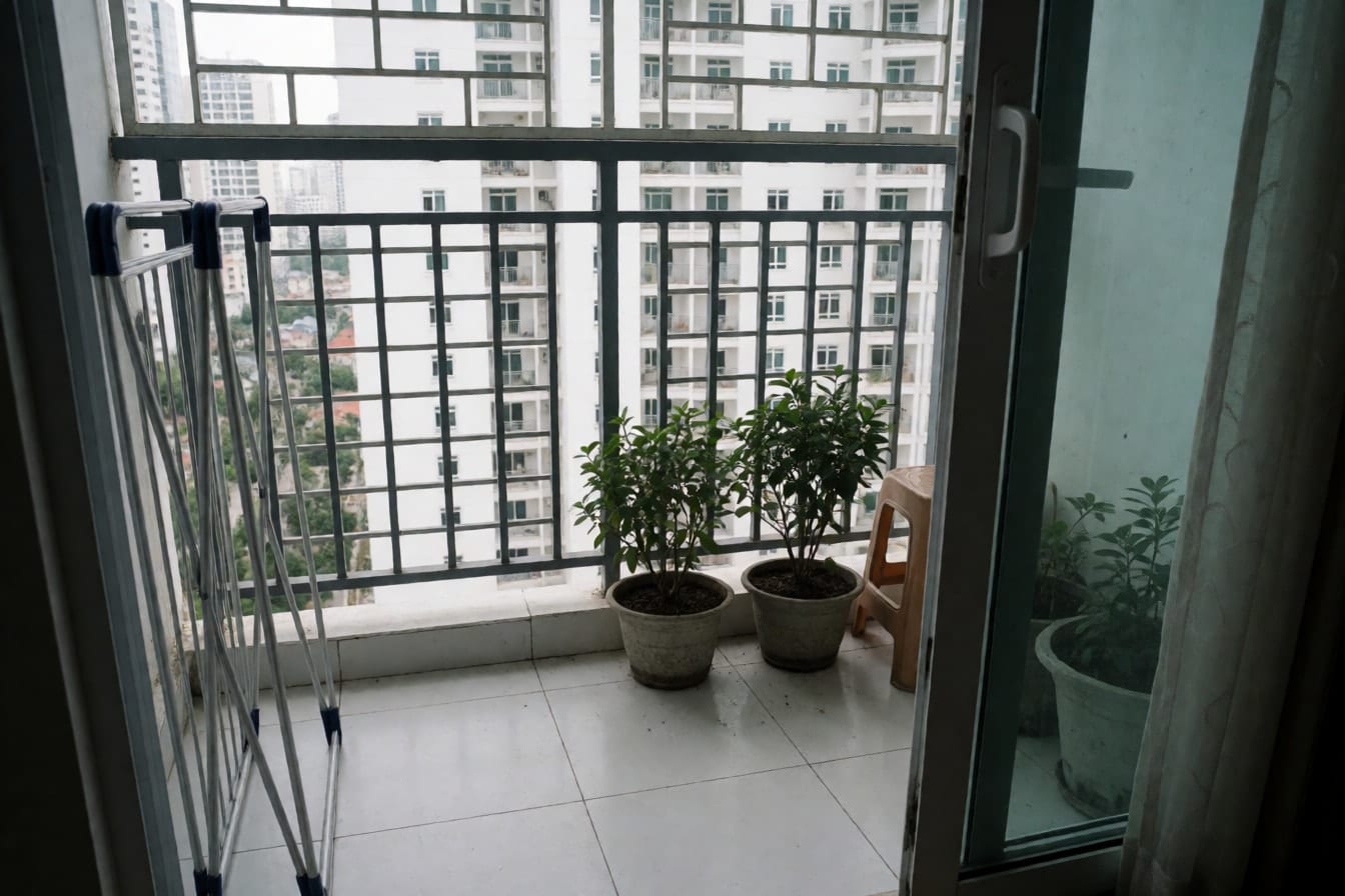 Ban công căn hộ sàn gạch trắng, lan can có lưới an toàn, giàn phơi đồ xếp một bên, hai chậu cây và ghế nhựa