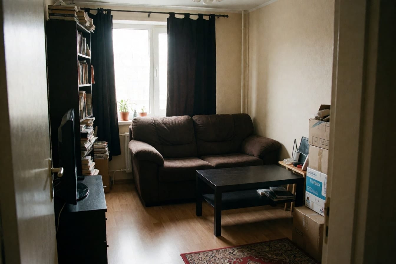 Sala pequena e escura com sofá marrom volumoso, estante escura cheia de objetos, TV em rack preto e cortina pesada