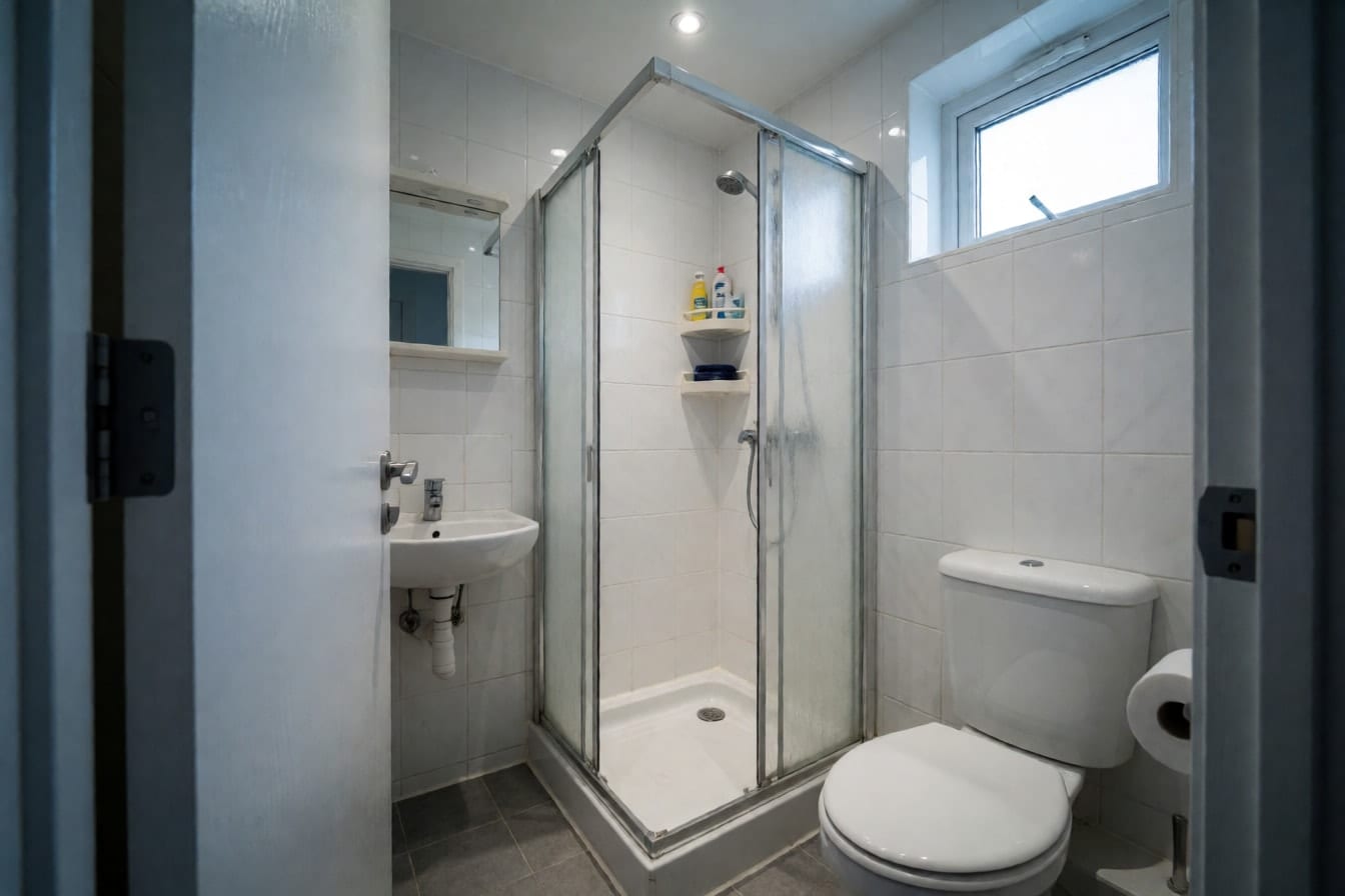 Baño pequeño con plato de ducha en esquina y mampara corredera, inodoro, lavabo suspendido y azulejo blanco brillante
