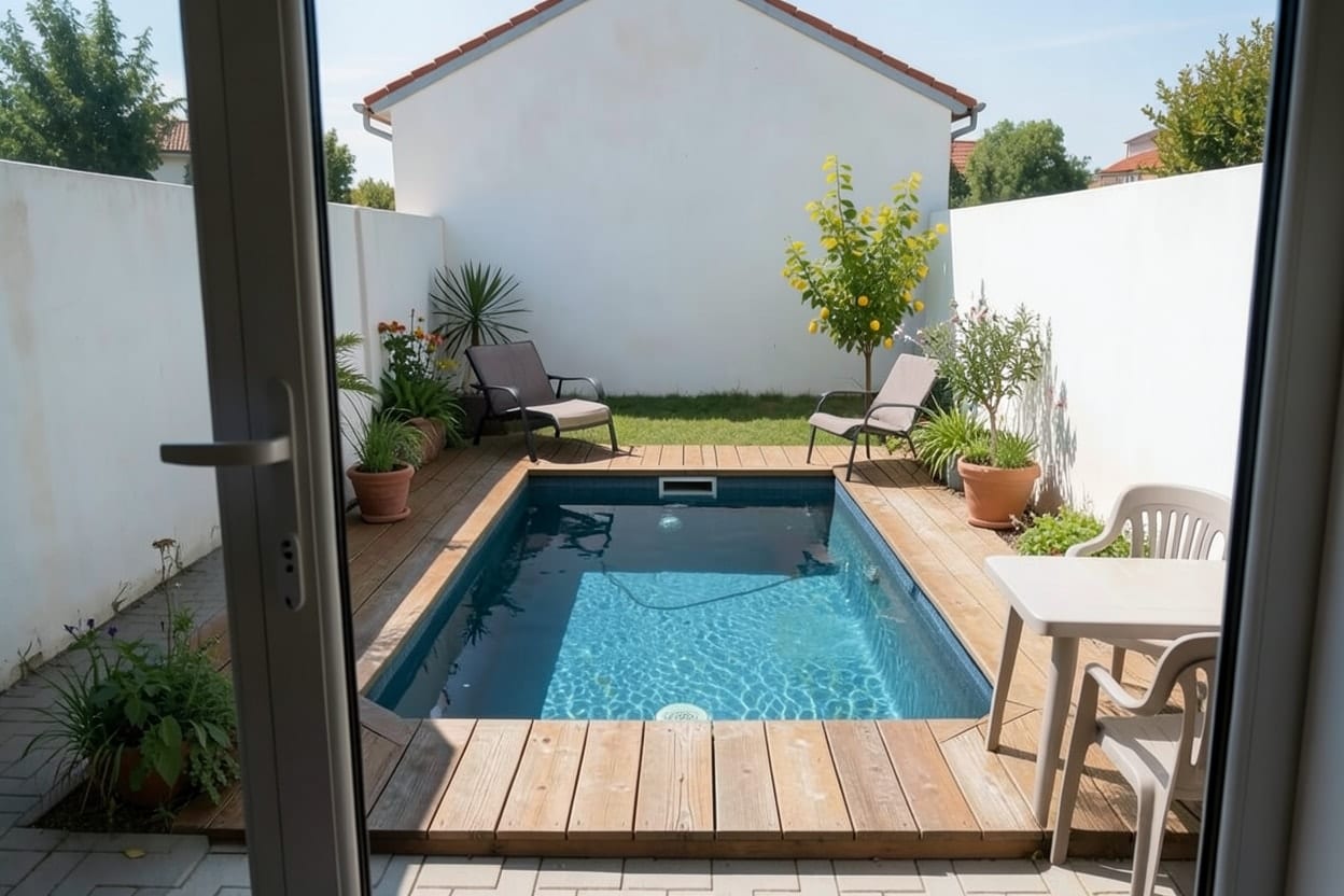 Lo stesso piccolo cortile con una minipiscina compatta e un deck in legno intorno