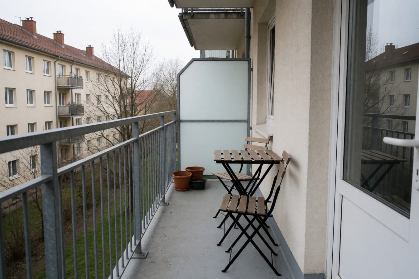Schmaler Balkon mit Metallgeländer, kleinem Bistrotisch, zwei Klappstühlen und leeren Pflanztöpfen