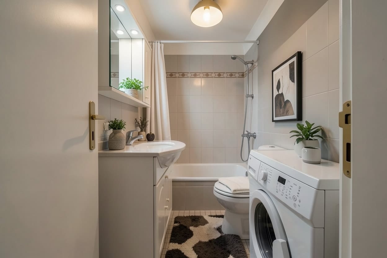 Aynı banyo modern stilde: büyük açık renk fayanslar, asma lavabo dolabı, geniş ayna ve cam duşakabin