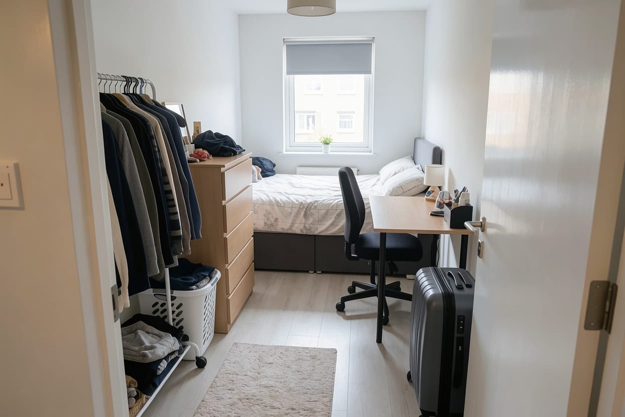 El mismo dormitorio con la cama contra la pared y el escritorio y la cómoda alineados, el centro despejado