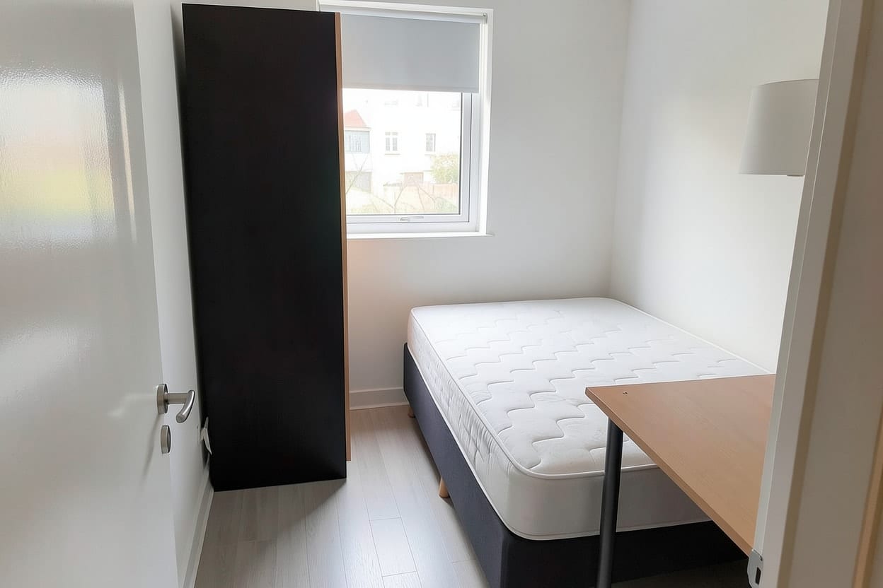 Dasselbe kleine Schlafzimmer umgestellt, das Bett an der langen Wand und deutlich mehr freie Bodenfläche