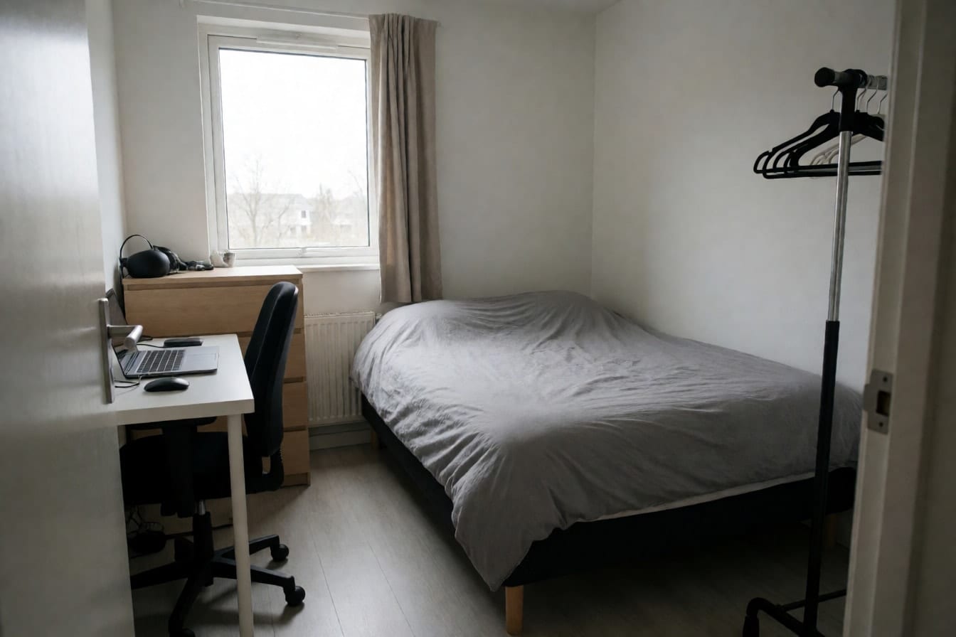 ドアの裏の暗い角で壁に向いた小さなデスクと、部屋の中央を占めるダブルベッドの寝室