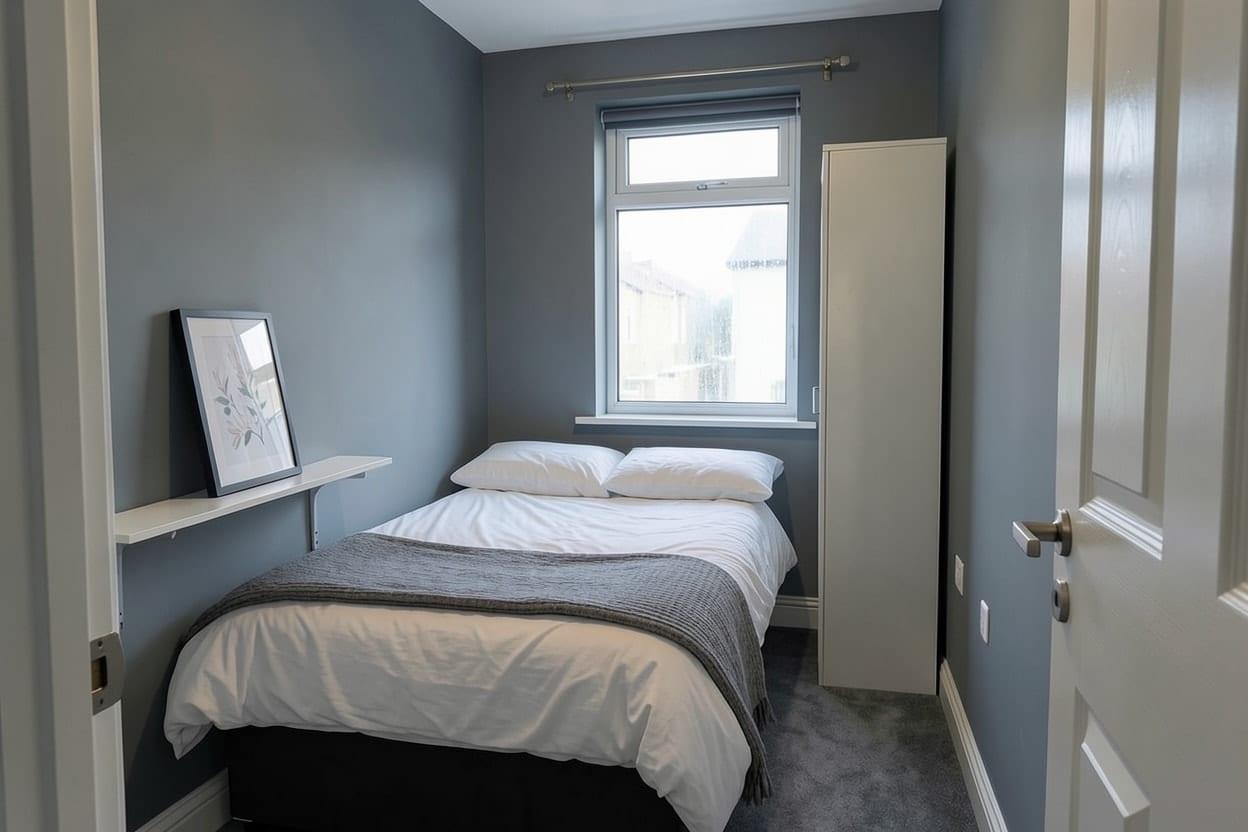 Det lilla sovrummet med duvblå väggar, samma säng under fönstret och samma garderob
