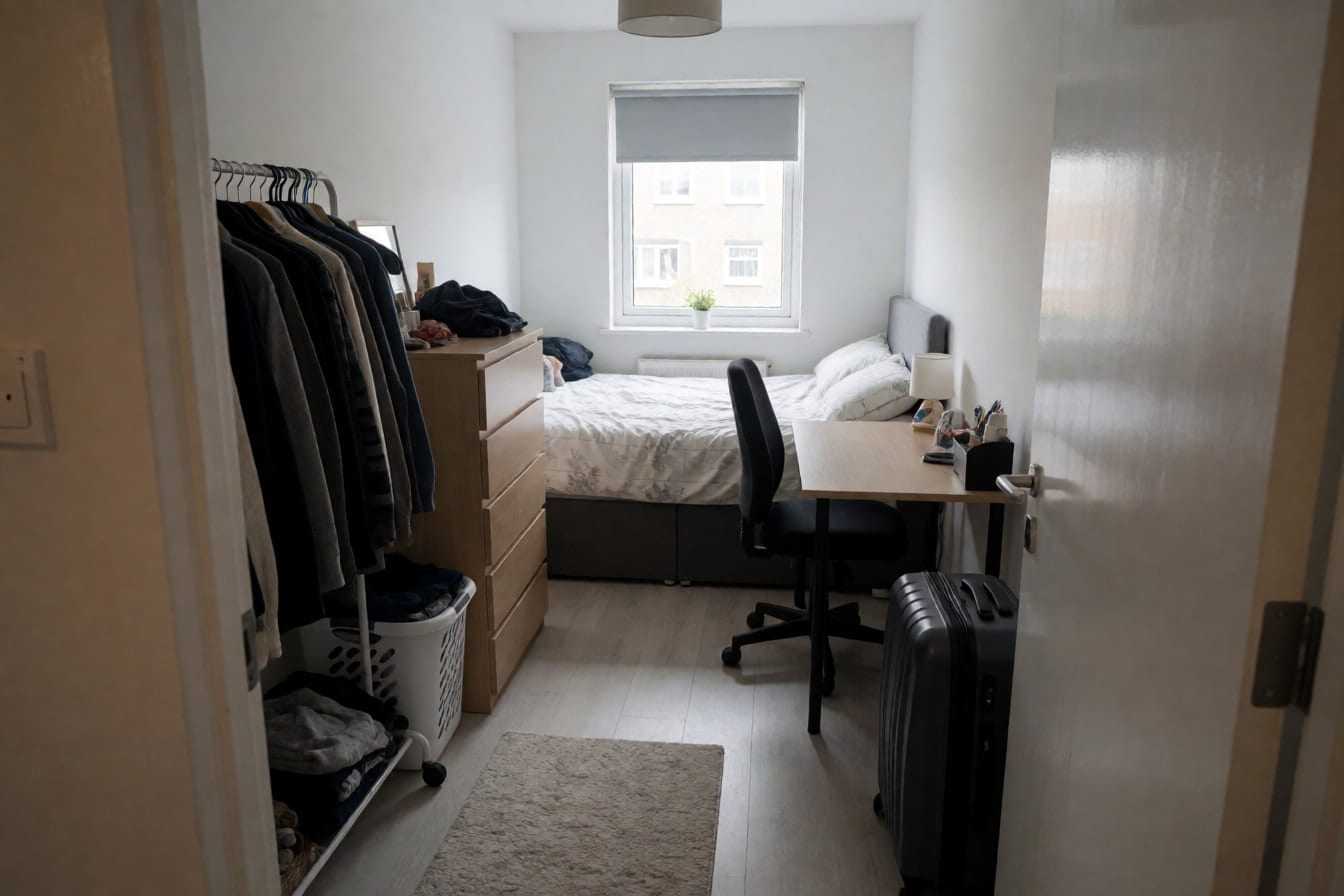 Dormitorio pequeño con la cama en el centro, un escritorio delante y la cómoda torcida