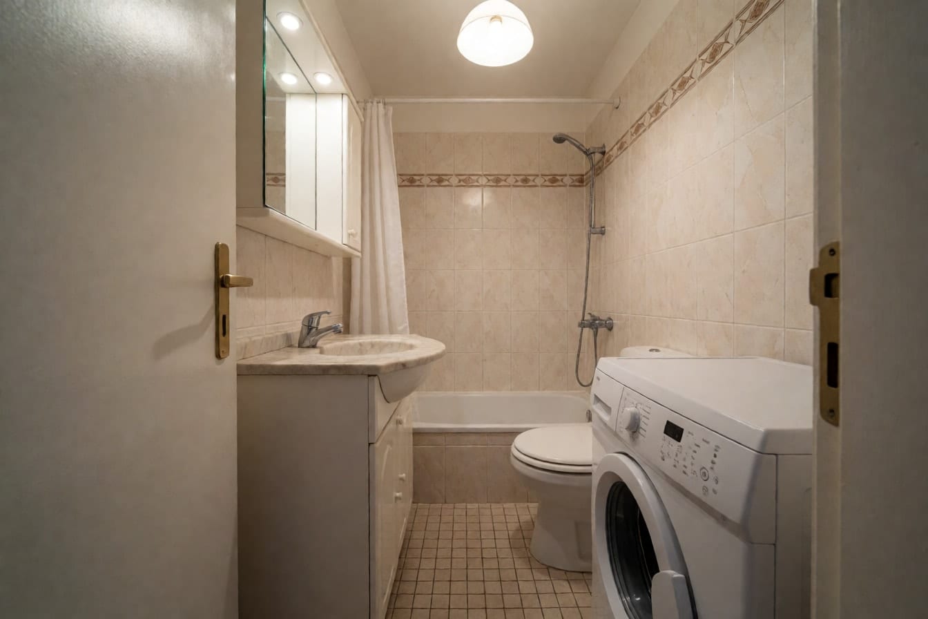 Bej fayanslı, kahverengi bordürlü, hantal lavabo dolabı ve çamaşır makinesi olan küçük eski bir banyo