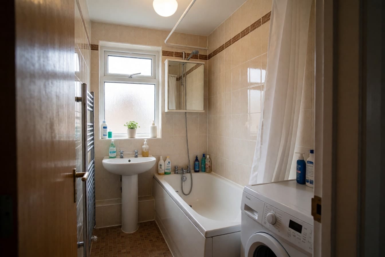 Een krappe badkamer met ligbad, staande wastafel, glanzende beige tegels tot het plafond en een wasmachine in de hoek