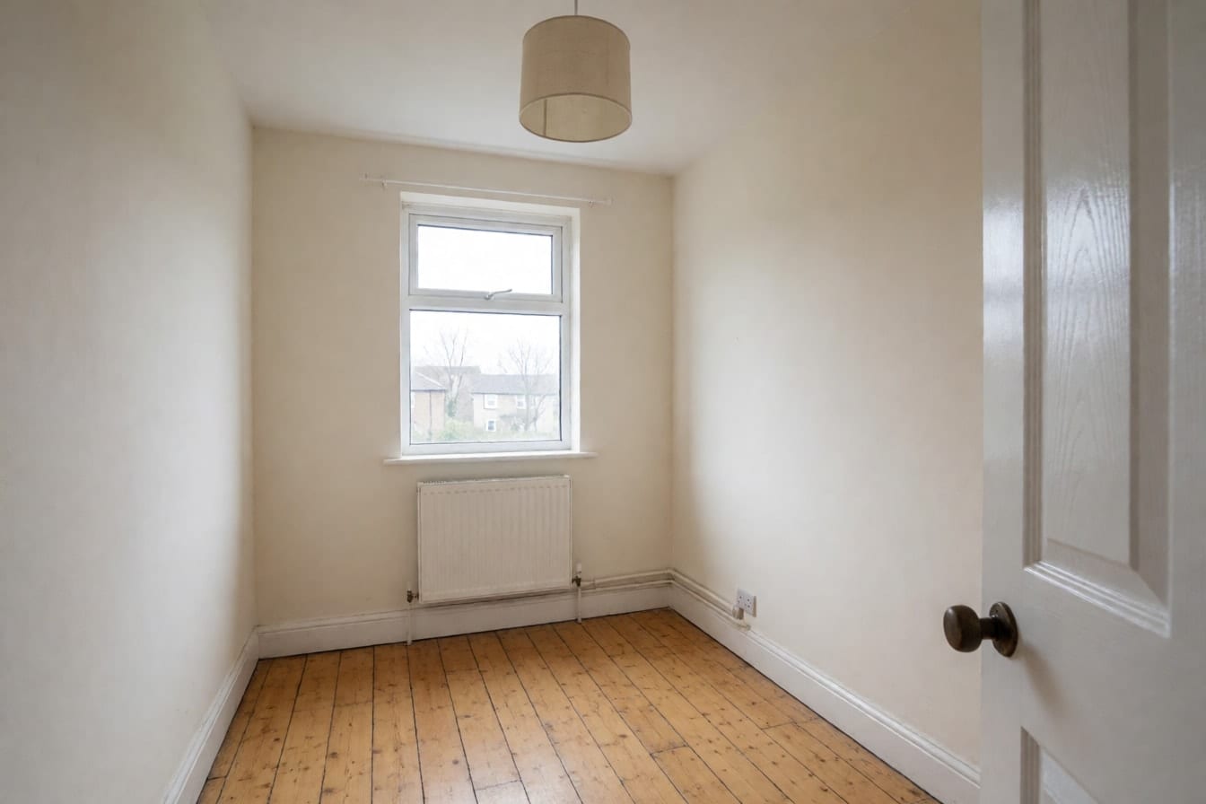 A small empty box room with off-white walls, worn floorboards, a single window and a radiator