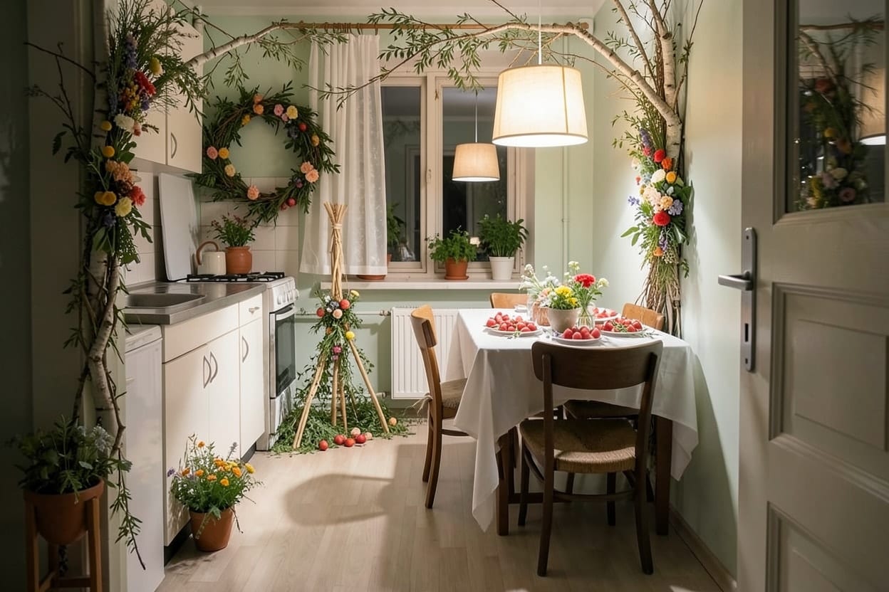 The small kitchen and dining area of a rented flat, photographed in the evening and decorated for Midsummer.