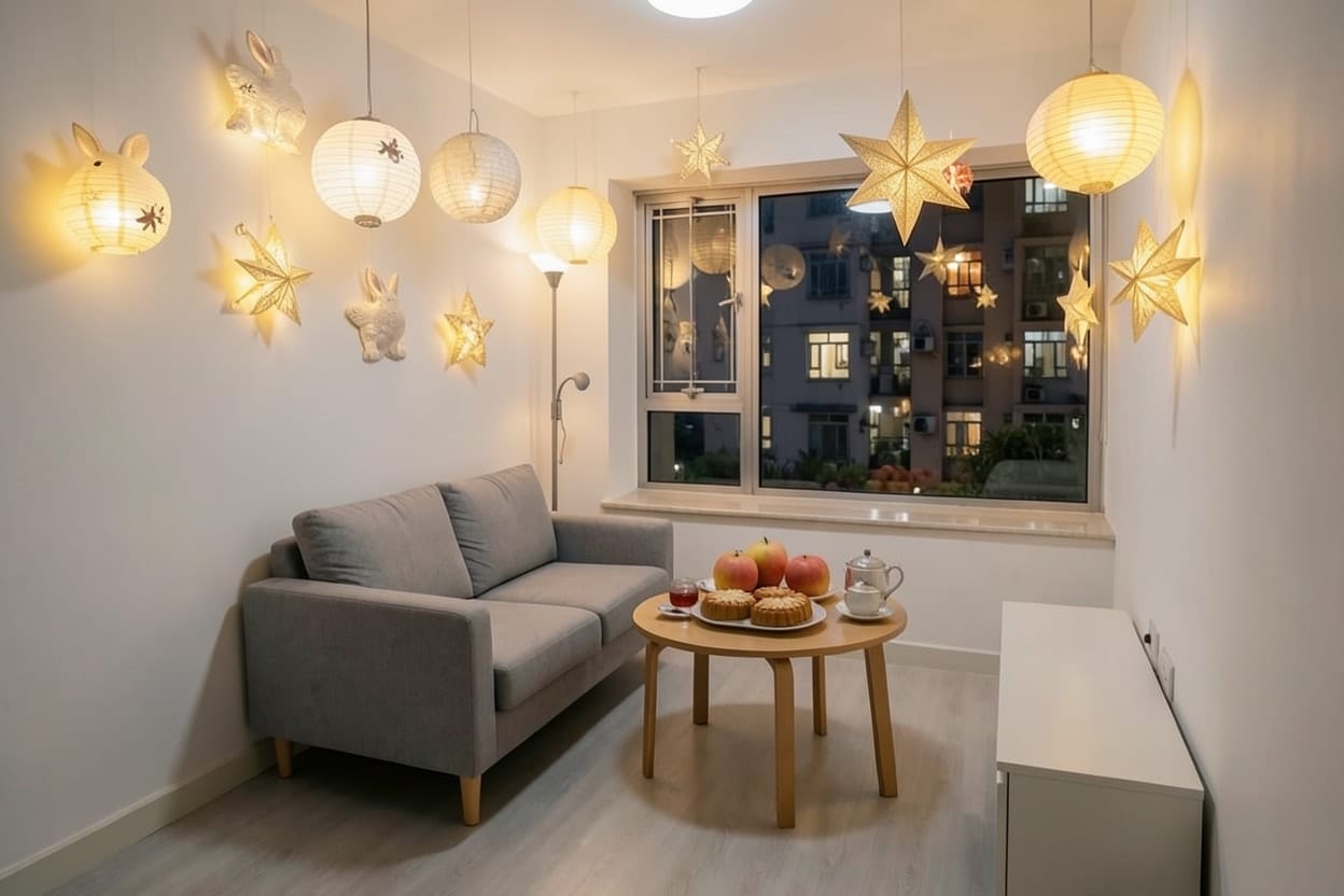 The living room of a small flat in a residential tower, photographed in the evening and decorated for Mid-Autumn.