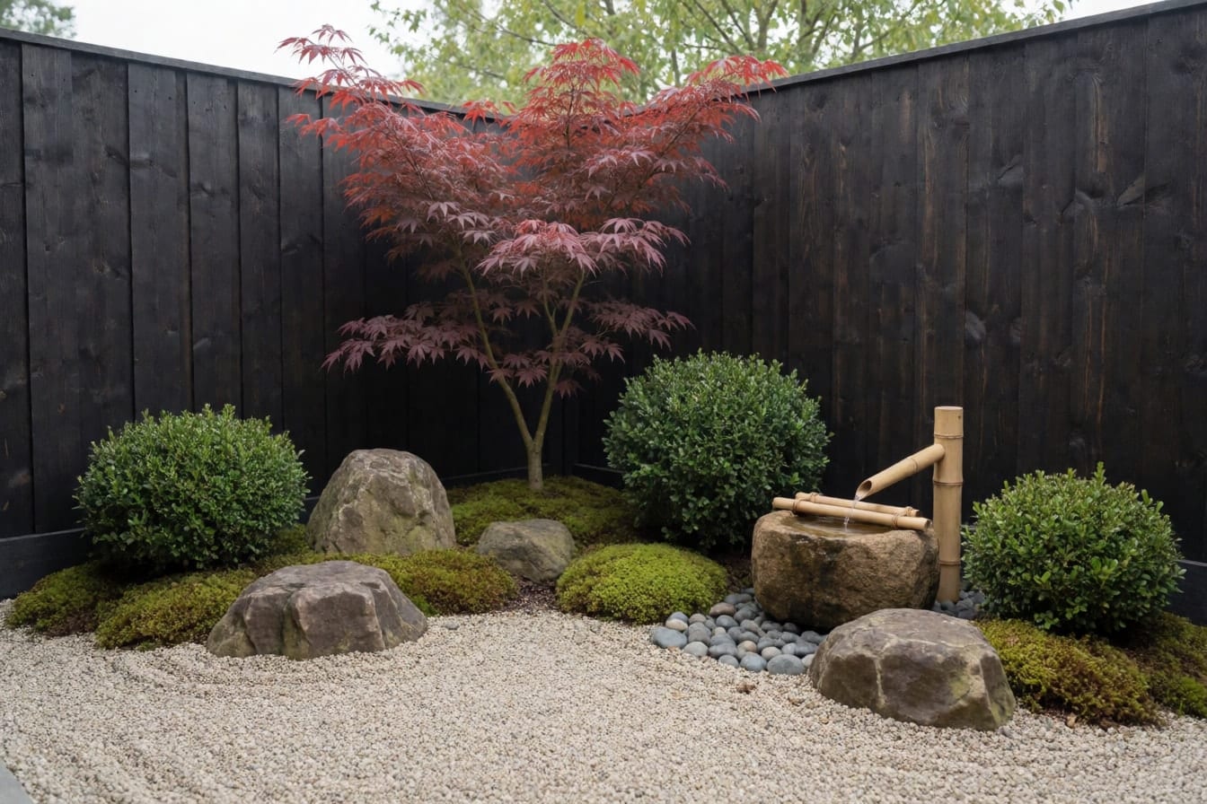 Japans tuinhoekje met geharkt grind, grote stenen, een Japanse esdoorn met rood blad, mos, een stenen waterbak met bamboe tuit en een donkere schutting