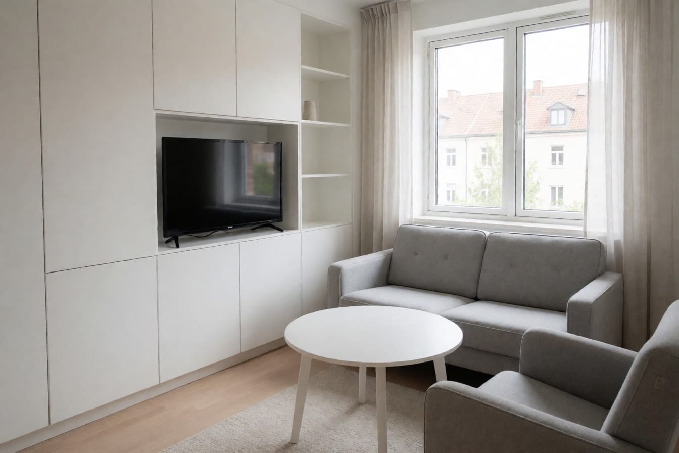 Kleines helles Wohnzimmer mit kompaktem grauem Zweiersofa, rundem weißem Couchtisch und weißen Einbauschränken mit Fernsehnische