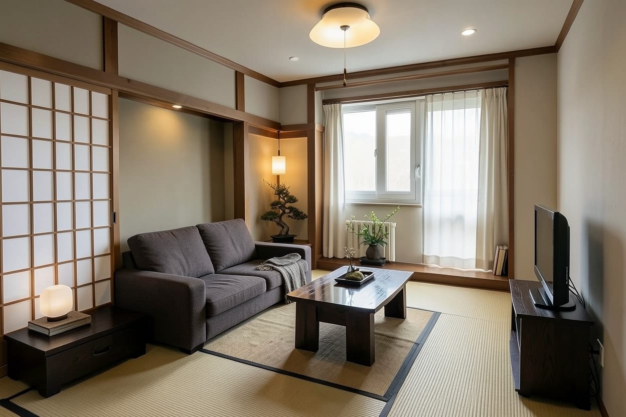 家具の配置はそのままに、木の色と和の照明、落ち着いた色合いで和モダンにまとめた小さなリビング