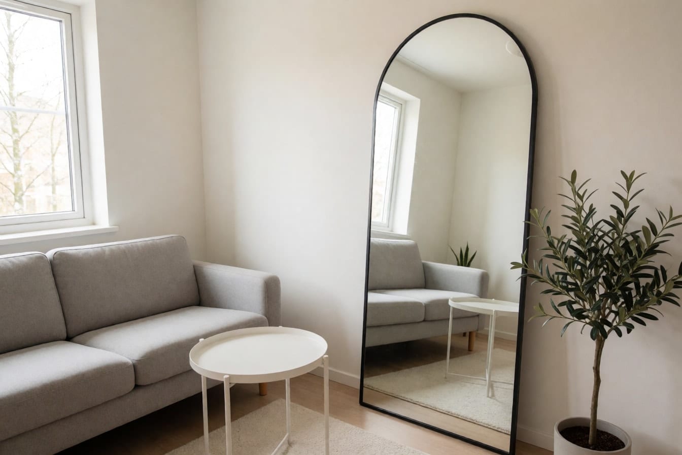 Sala pequena e clara com espelho de chão alto em arco ao lado da janela, sofá cinza claro e oliveira num vaso