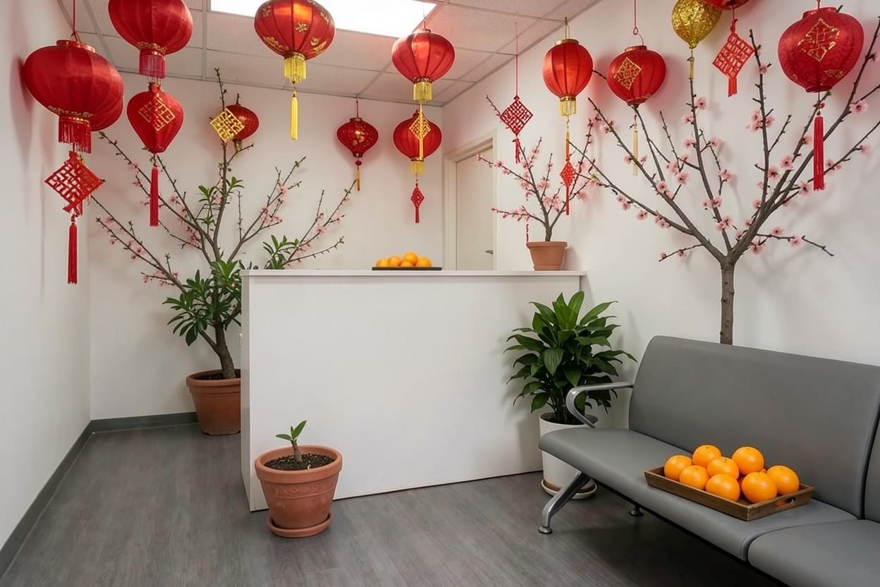 Khu lễ tân văn phòng đó sau khi Renova trang trí Tết, quầy và ghế chờ giữ nguyên, thêm đèn lồng, hoa và sắc đỏ vàng