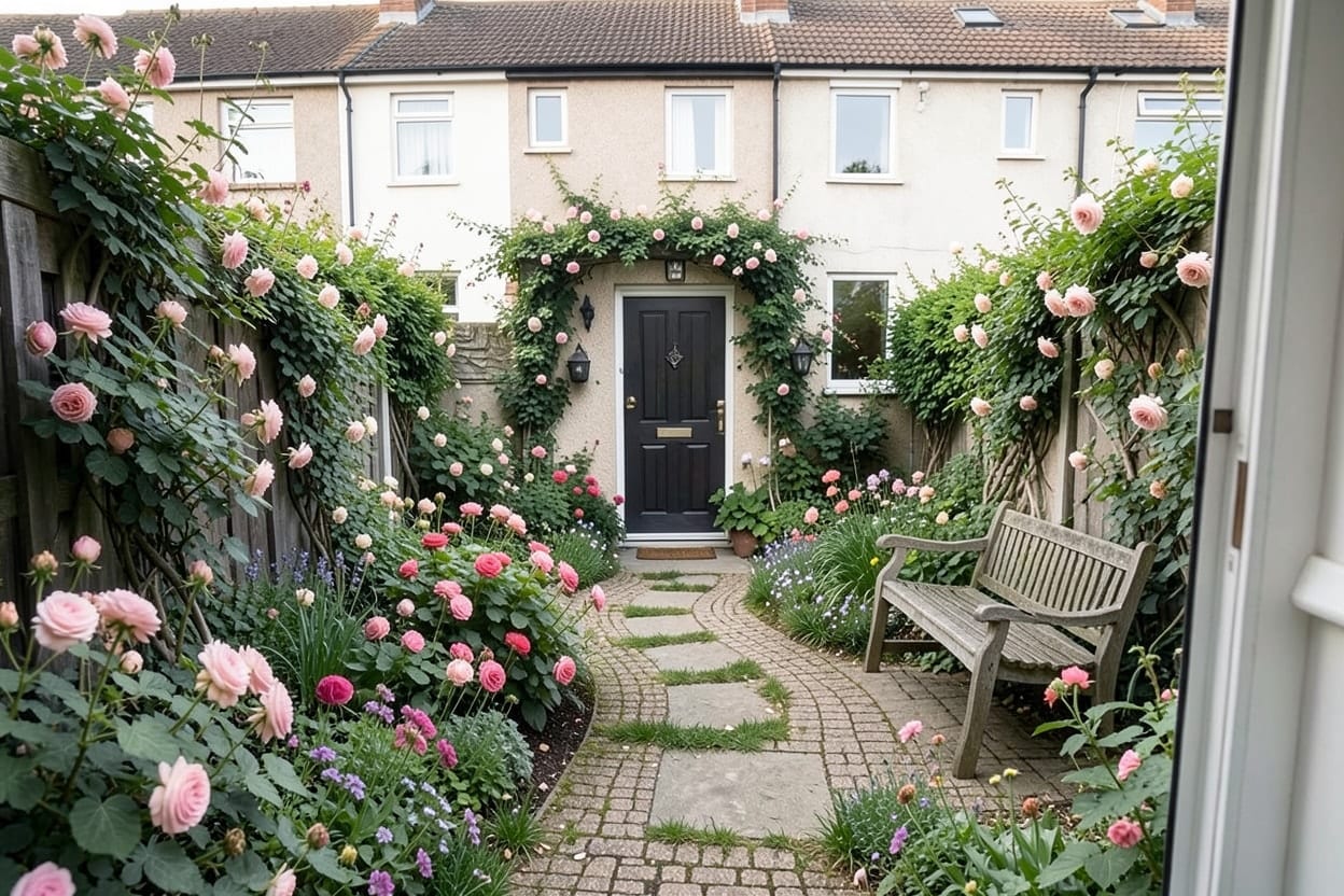 Samma radhusuteplats i cottagestil med klätterrosor på planket, blommande perenner i krukor och ett litet bistrobord med två stolar