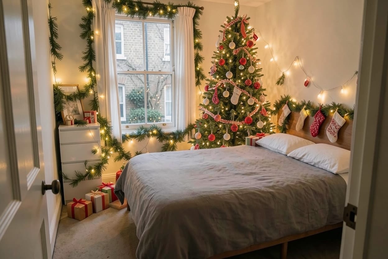 A small rented bedroom with a double bed and a sash window, photographed in the evening and decorated for Christmas.