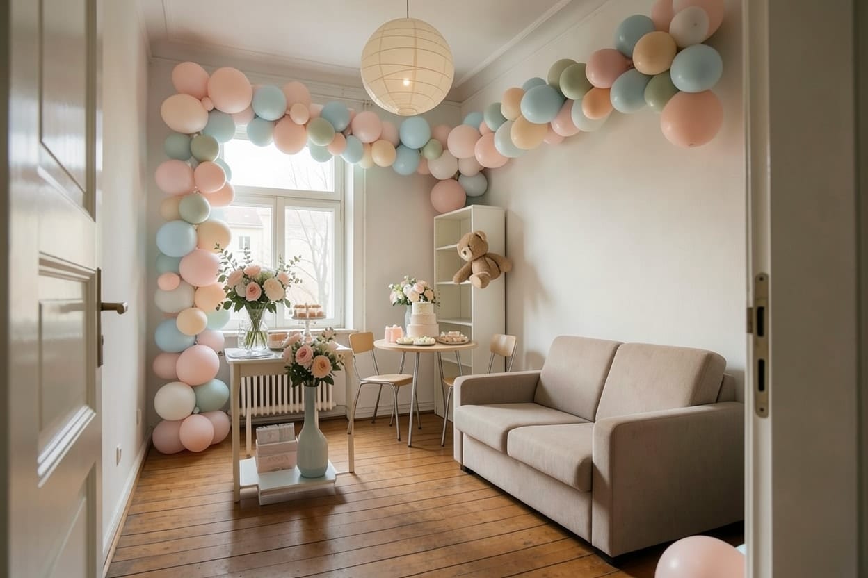 A small rented flat in an old Berlin building, decorated for a baby shower with its furniture kept in place.
