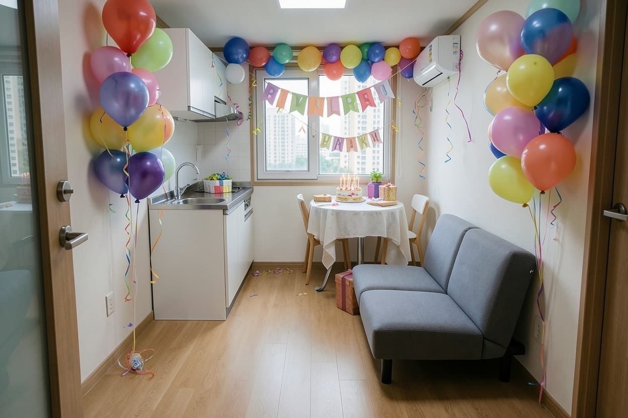 A small rented one-room flat with a kitchenette and a round table, decorated for a birthday party.