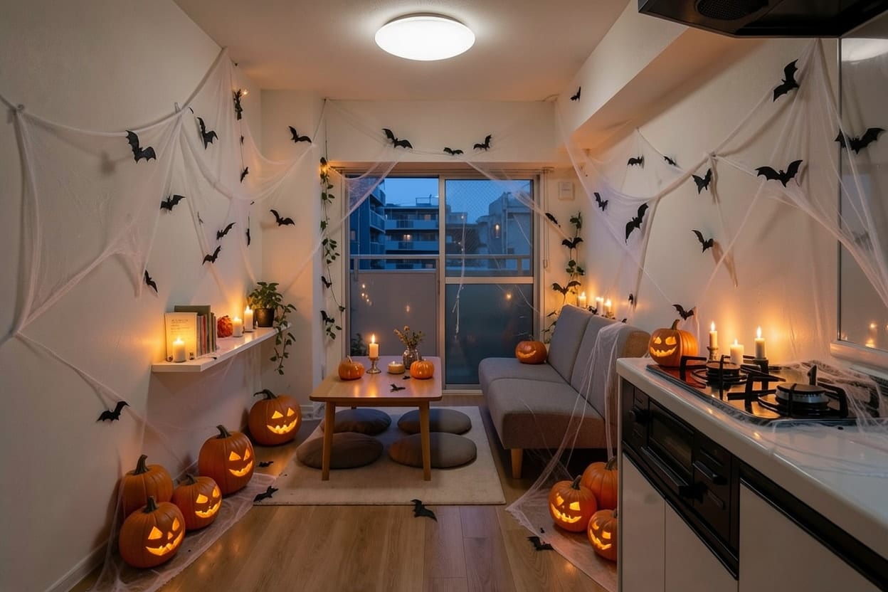 The living and dining area of a small rented city flat, decorated for Halloween.