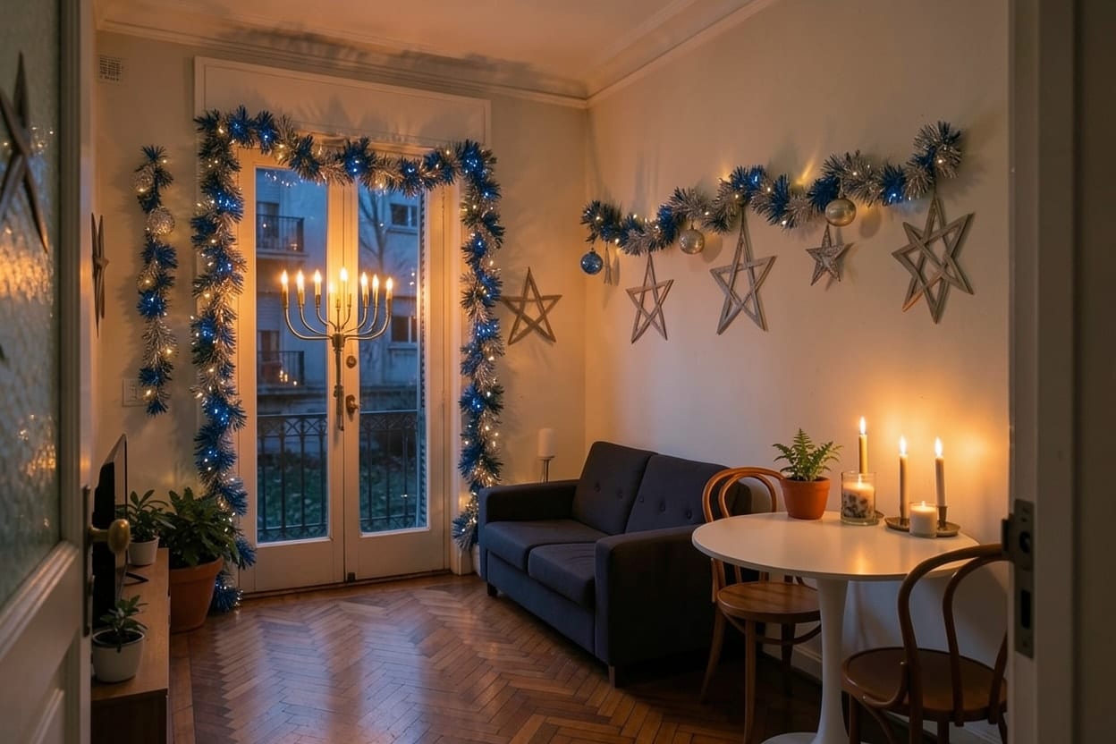 A small rented flat in Buenos Aires with a parquet floor and balcony doors, decorated for Hanukkah.
