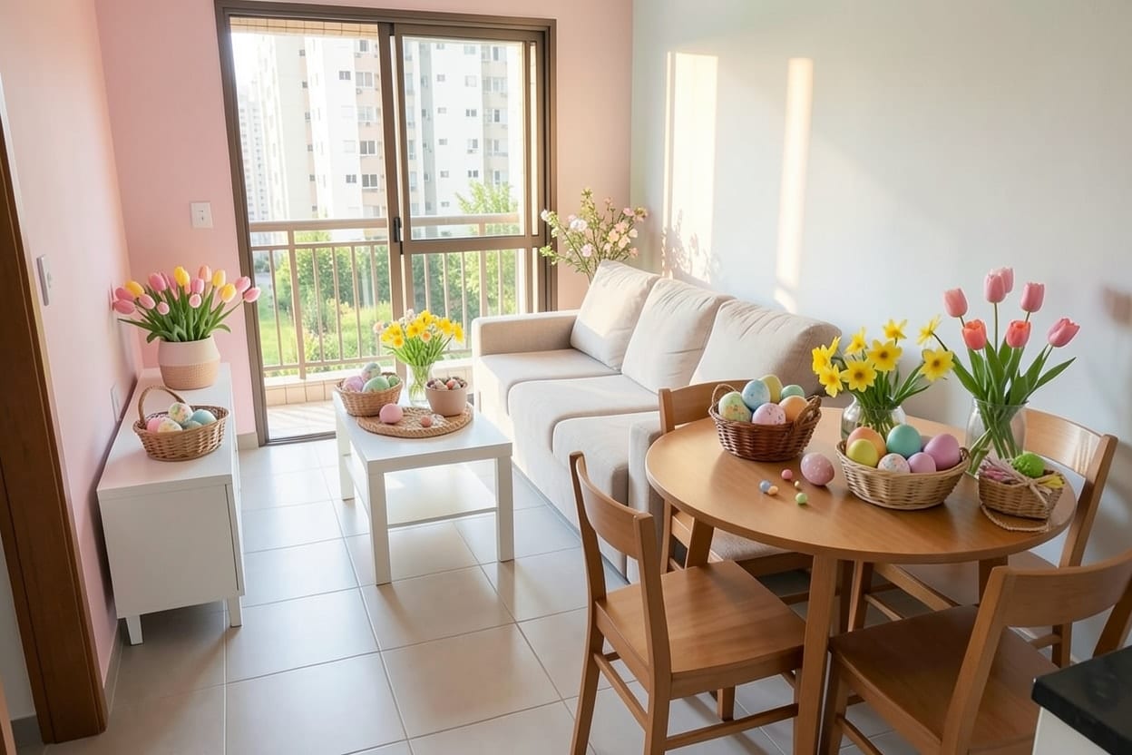 The living room of a small rented flat in a high-rise, decorated for Easter.