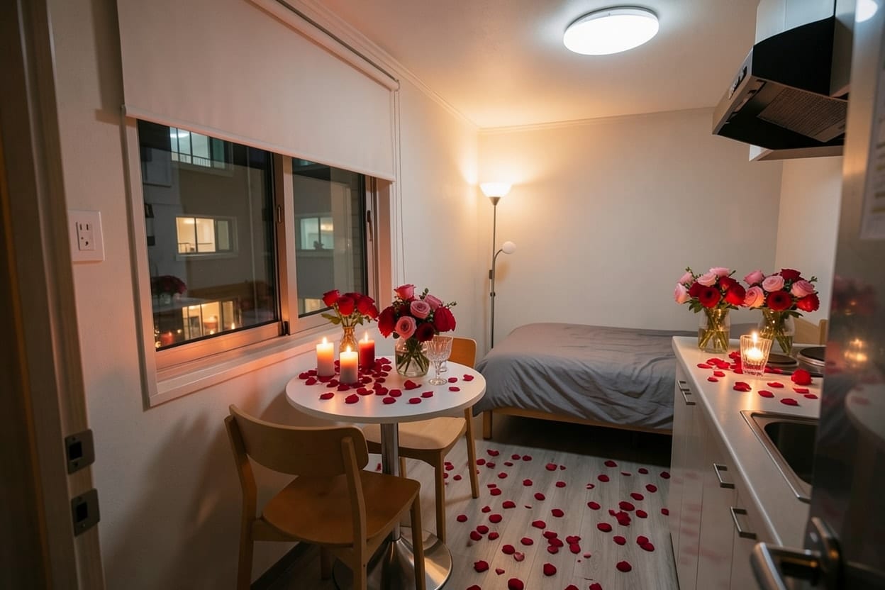 A small rented studio flat in Seoul in the evening, decorated with the Valentine's Day theme.