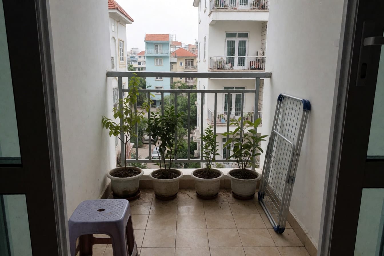 Ban công nhỏ chung cư lát gạch, lan can sắt, vài chậu cây nhựa, ghế đẩu nhựa và giá phơi gấp dựa tường, phía xa là các tòa nhà khác